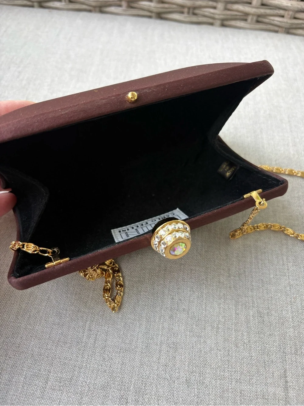 Carlo Fellini Brown Satin Evening Clutch with Gold Chain